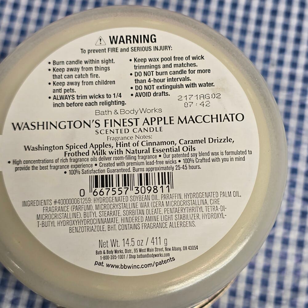 BBW Washington's Finest Apple Macchiato Large 3 Wick Candle Home Fragrance - Picture 2 of 2